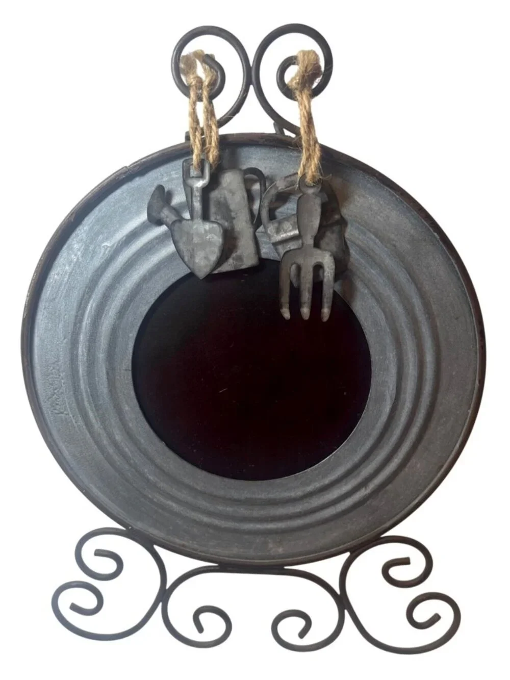 Rustic Metal Frame With Gardening Charm Accents And Decorative Scroll Stand